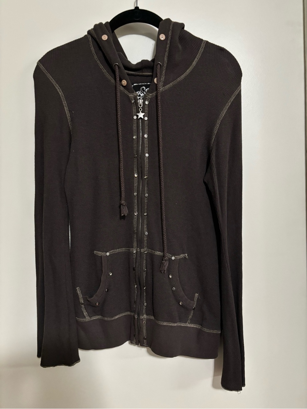 Waffle Embroidered and studded hooded sweater